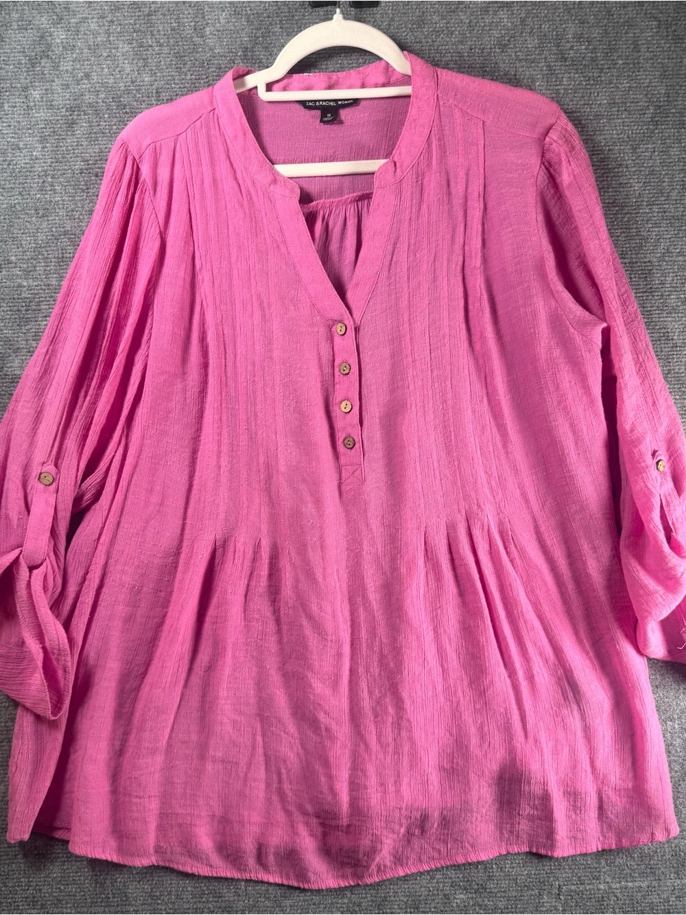 Zac & Rachel Woman 1X Pink Gauze Roll Tab Sleeve Peasant Blouse Boho